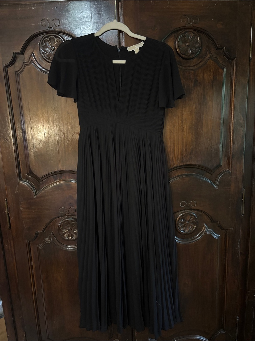 Michael Kors Black Pleated Maxi Dress with Flutter Sleeves